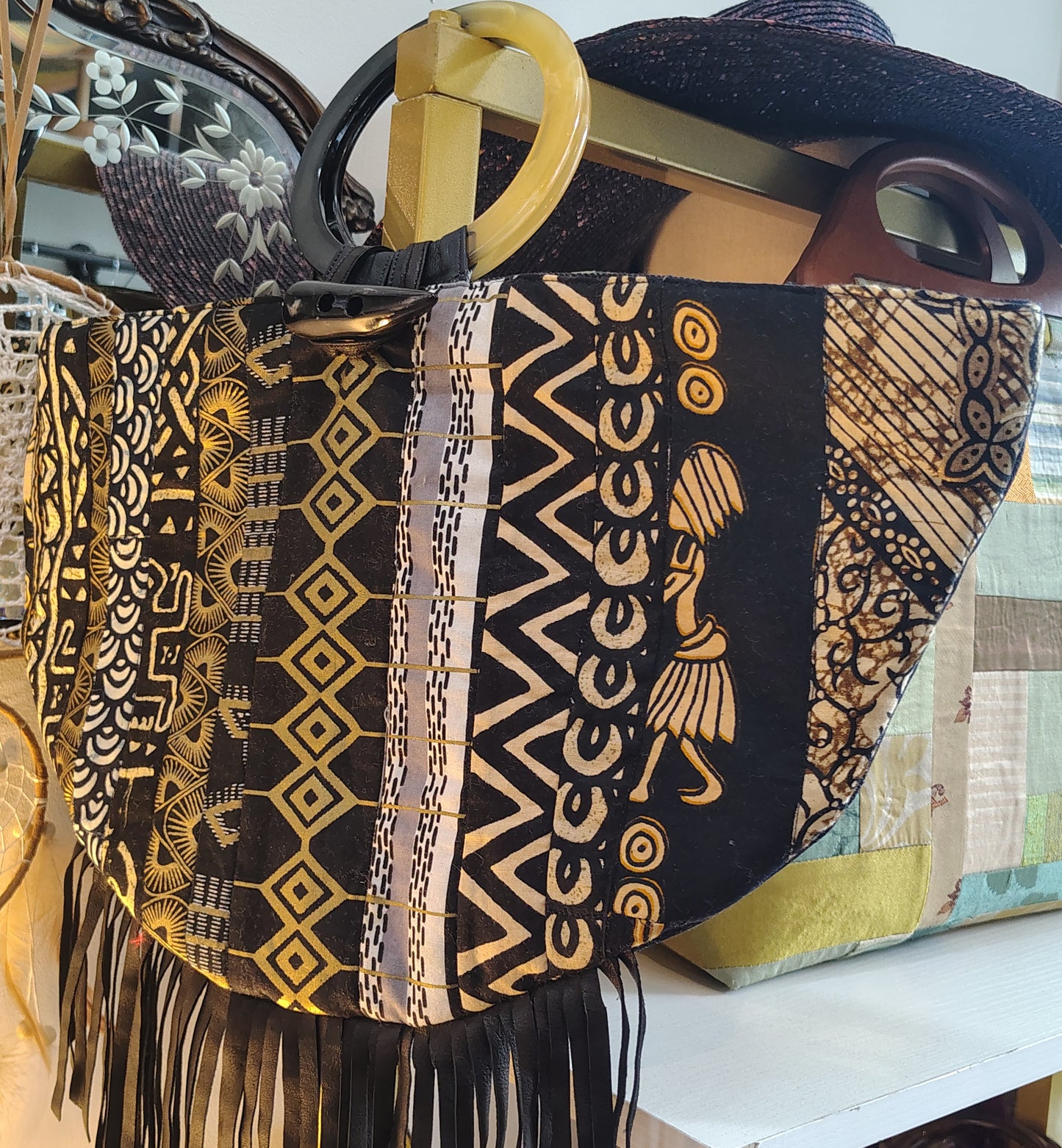 Black denim with Leather Fringe Crescent Bag, gold accents
