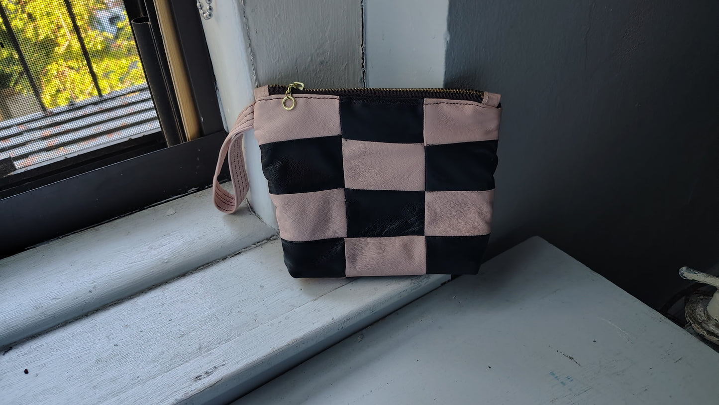 Queens Grid Wristlet in Pink and Black Leather