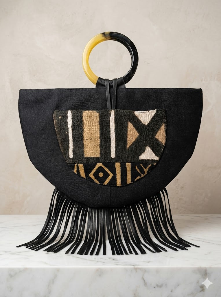 Black denim with Leather Fringe Crescent Bag, gold accents