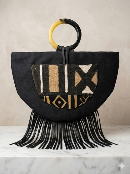 Black denim with Leather Fringe Crescent Bag, gold accents