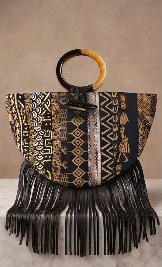 Black denim with Leather Fringe Crescent Bag, gold accents