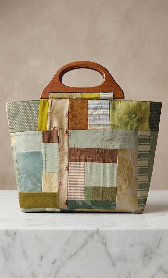 Constructed fabric green silk bag with wood handle