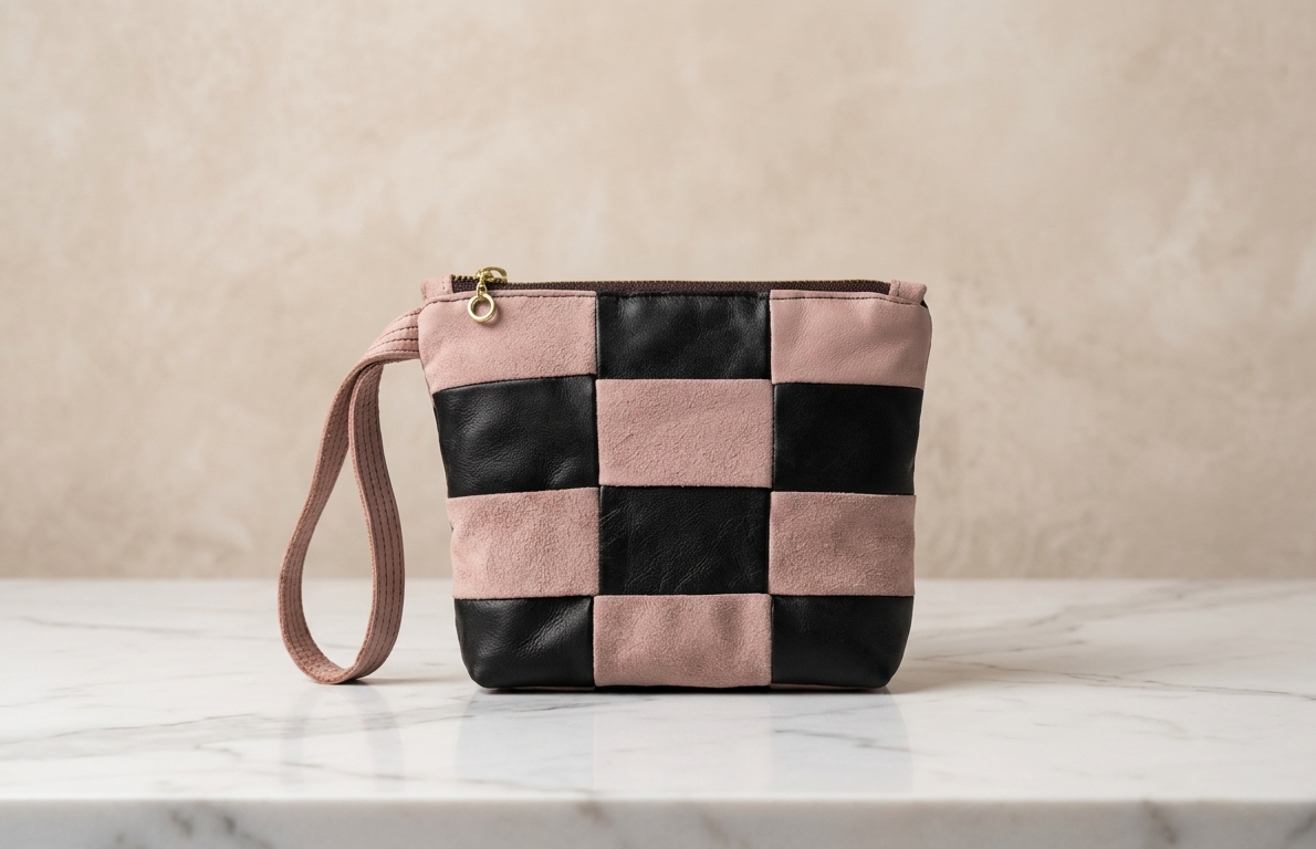 Queens Grid Wristlet in Pink and Black Leather