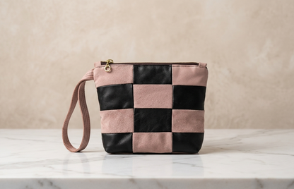 Queens Grid Wristlet in Pink and Black Leather